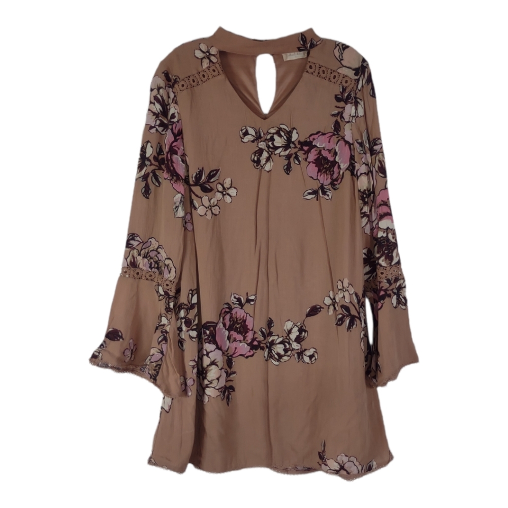 Altar'd State Choker Dress S Long Flowy Sleeve Floral Lined V-Neck Mauve/Pink